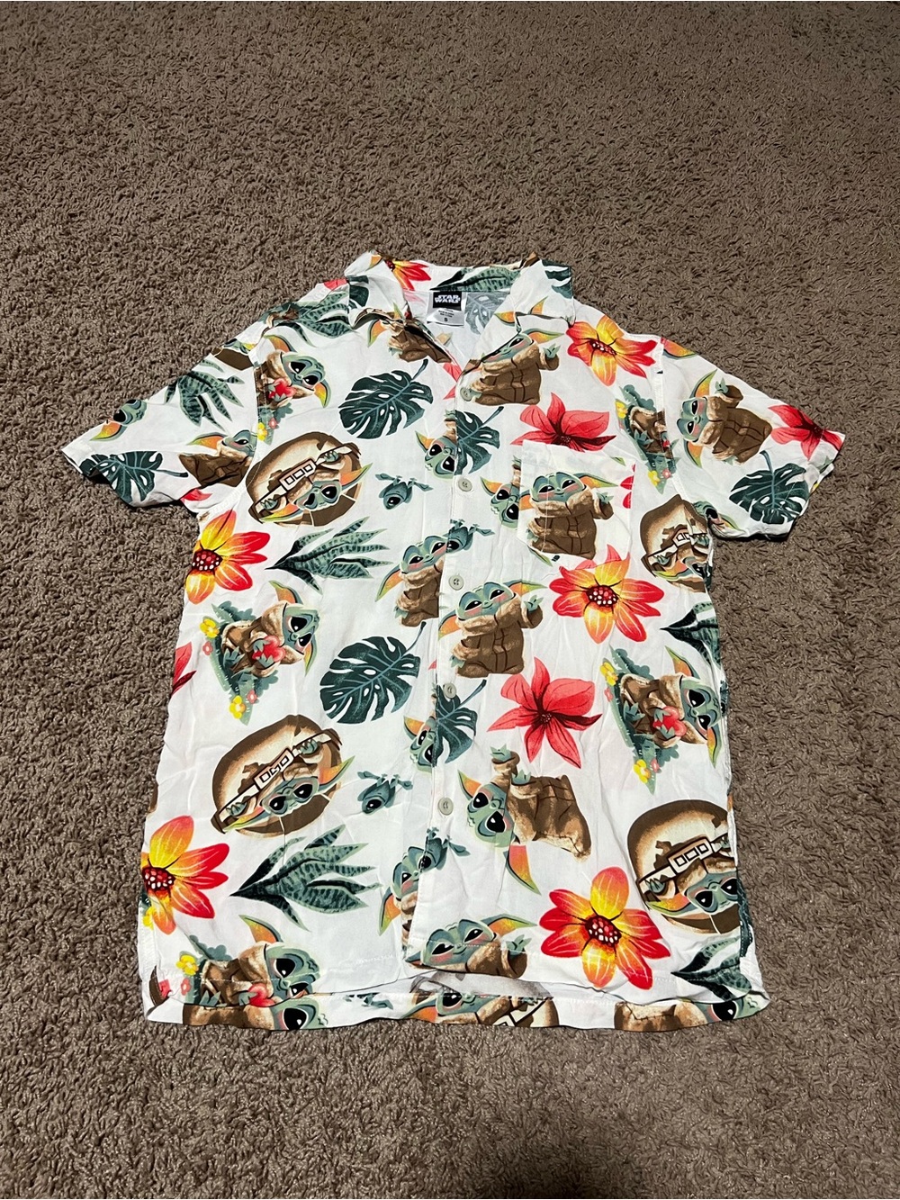 Star Wars Grogu White Hawaiian Button-Up Shirt with Red and Yellow Floral Print